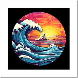 Vibrant Sunset Surf with Majestic Ocean Waves Posters and Art